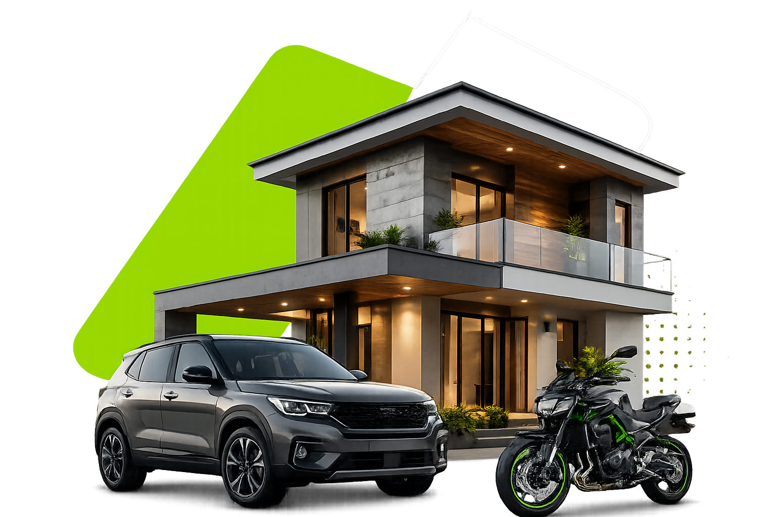 Casa, carro e moto representando consórcio