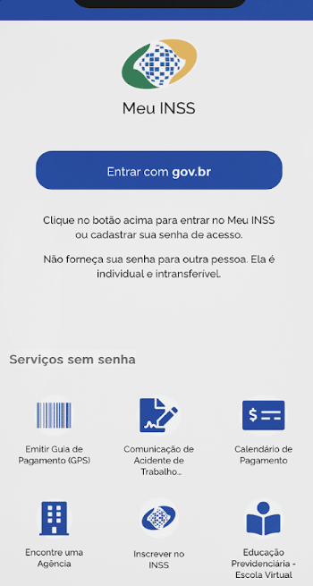 Tela do aplicativo Meu INSS com acesso gov.br